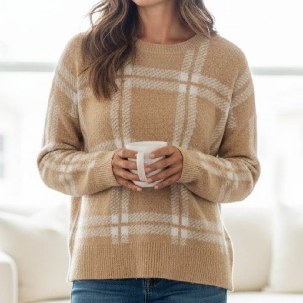 LOFT Tan Checkered Crew Neck Sweater
